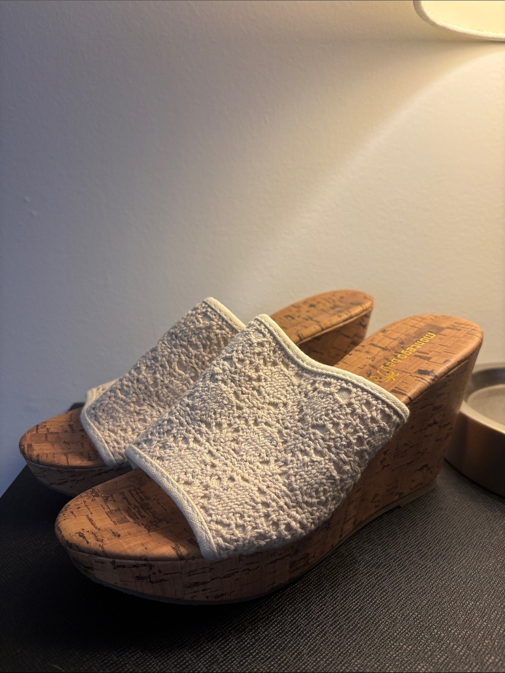 Montego Bay Club Cream Crochet Cork Wedge Slides